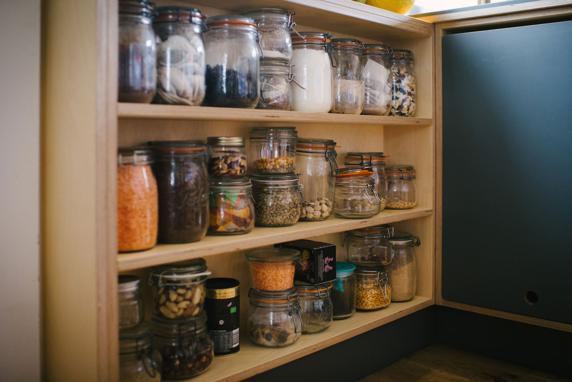 Birch ply kitchen pantry shelves.