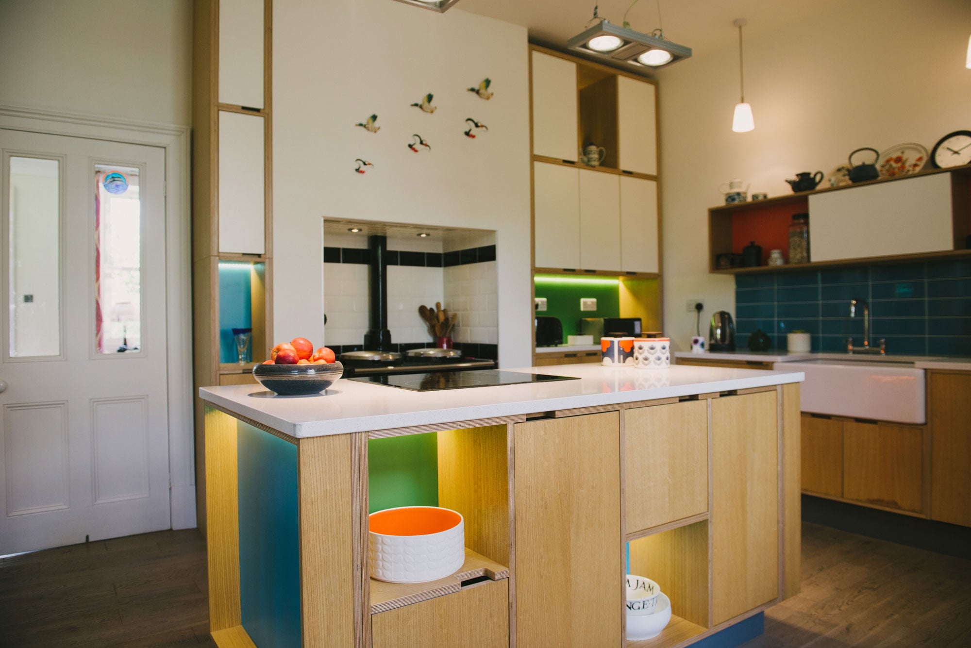 blue & orange & green kitchen