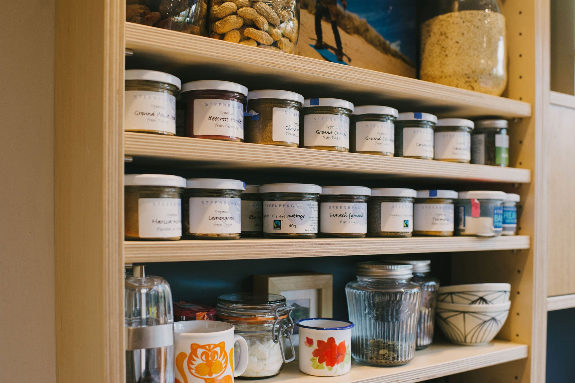 Spice Jars on plywood shelf