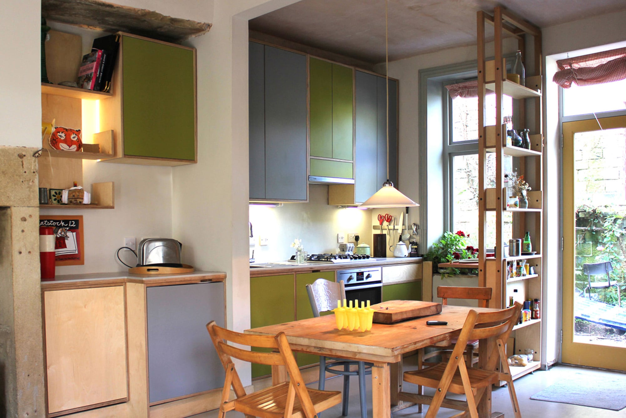 green and grey plywood kitchen