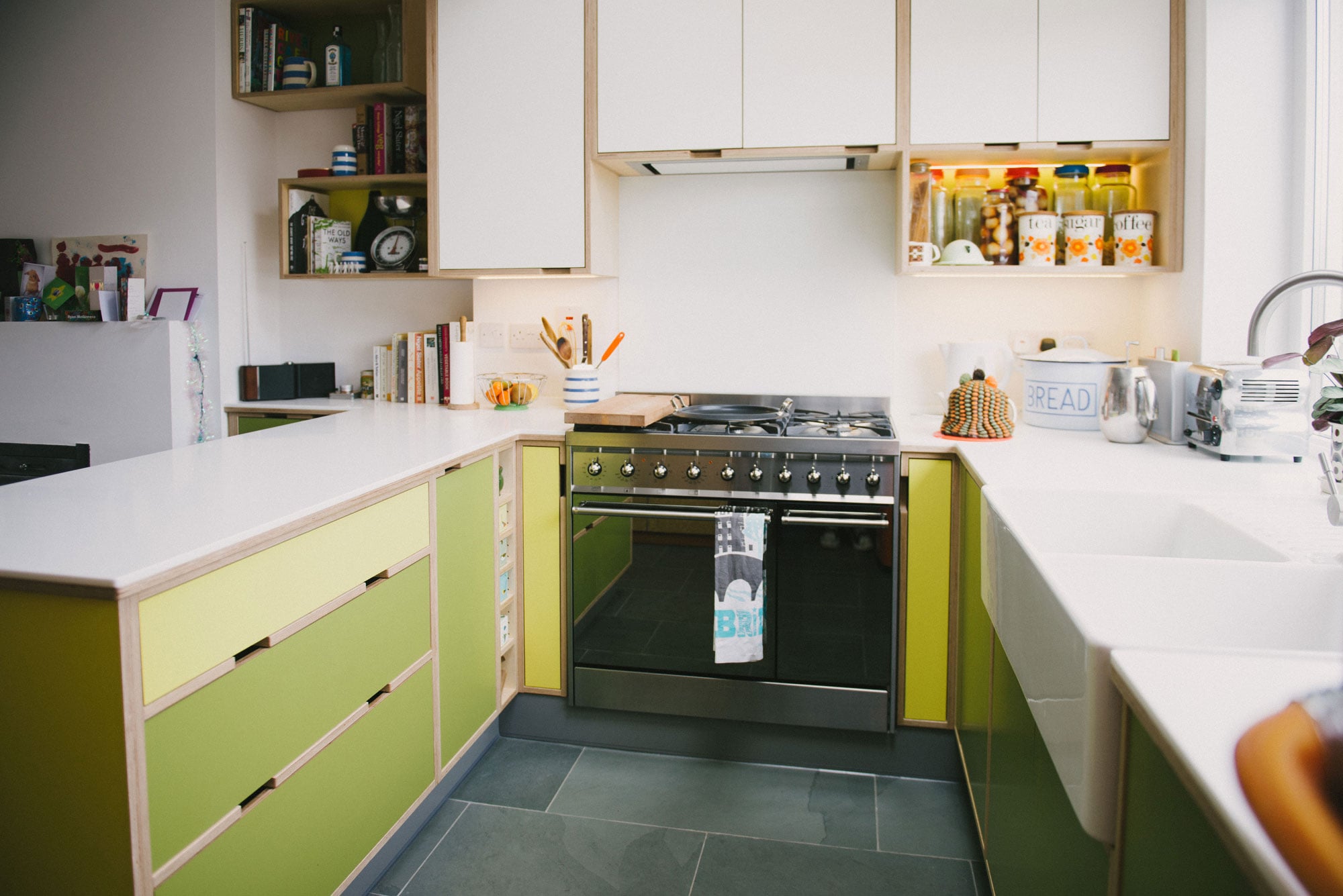 Green & yellow kitchen - integrated oven