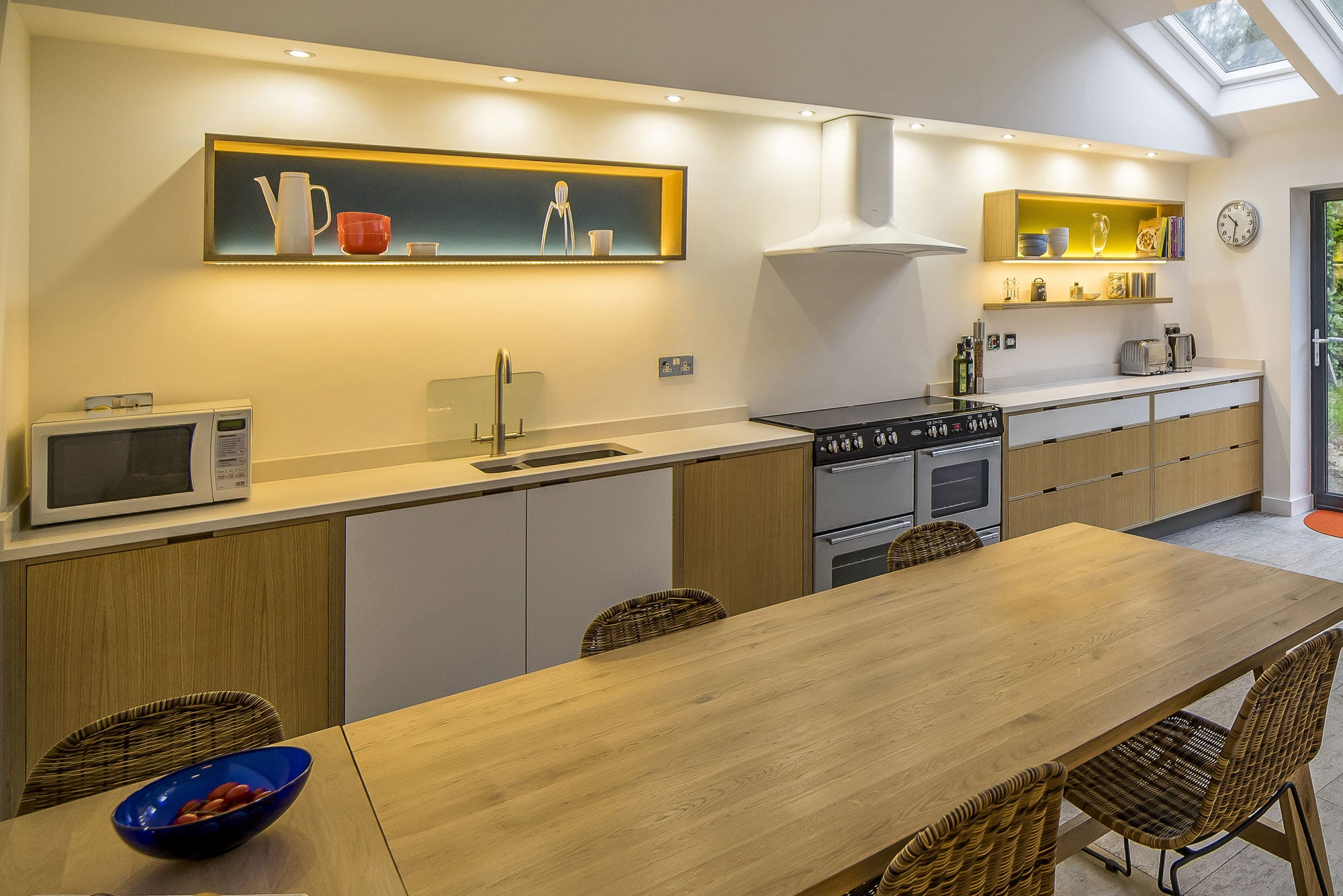 Oak veneered kitchen - garden view