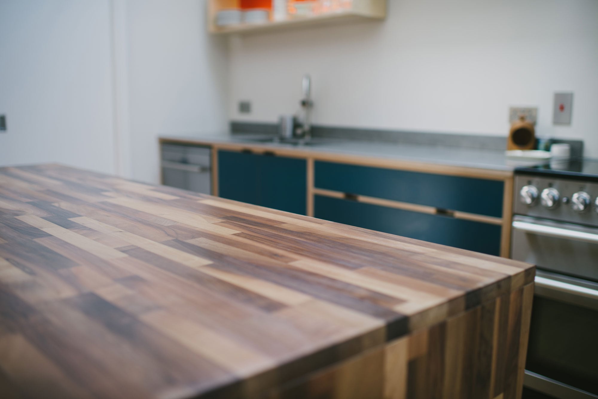 Close up of Walnut kitchen island