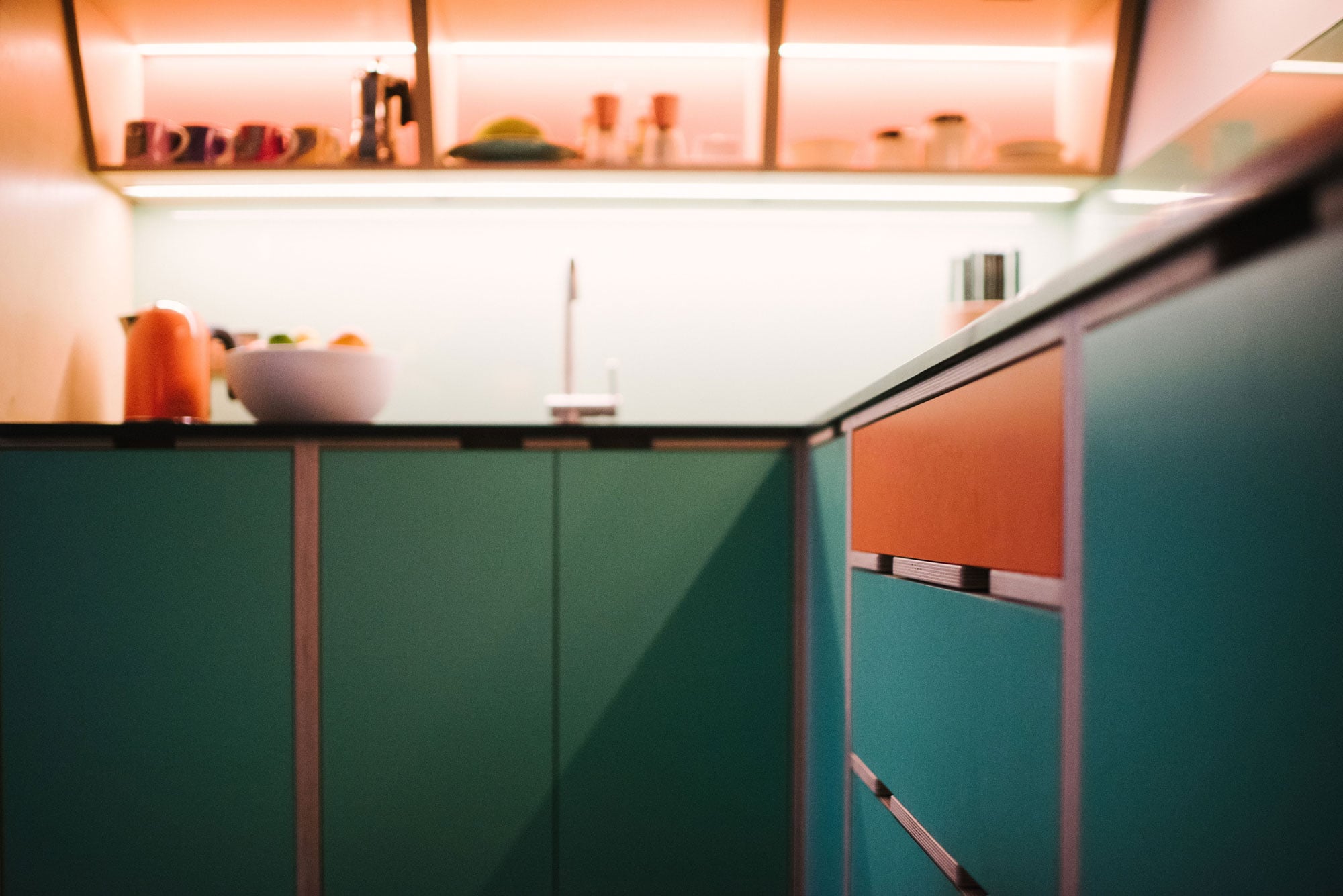 Detail of Handleless drawer Unit in 70's Style Plywood Kitchen