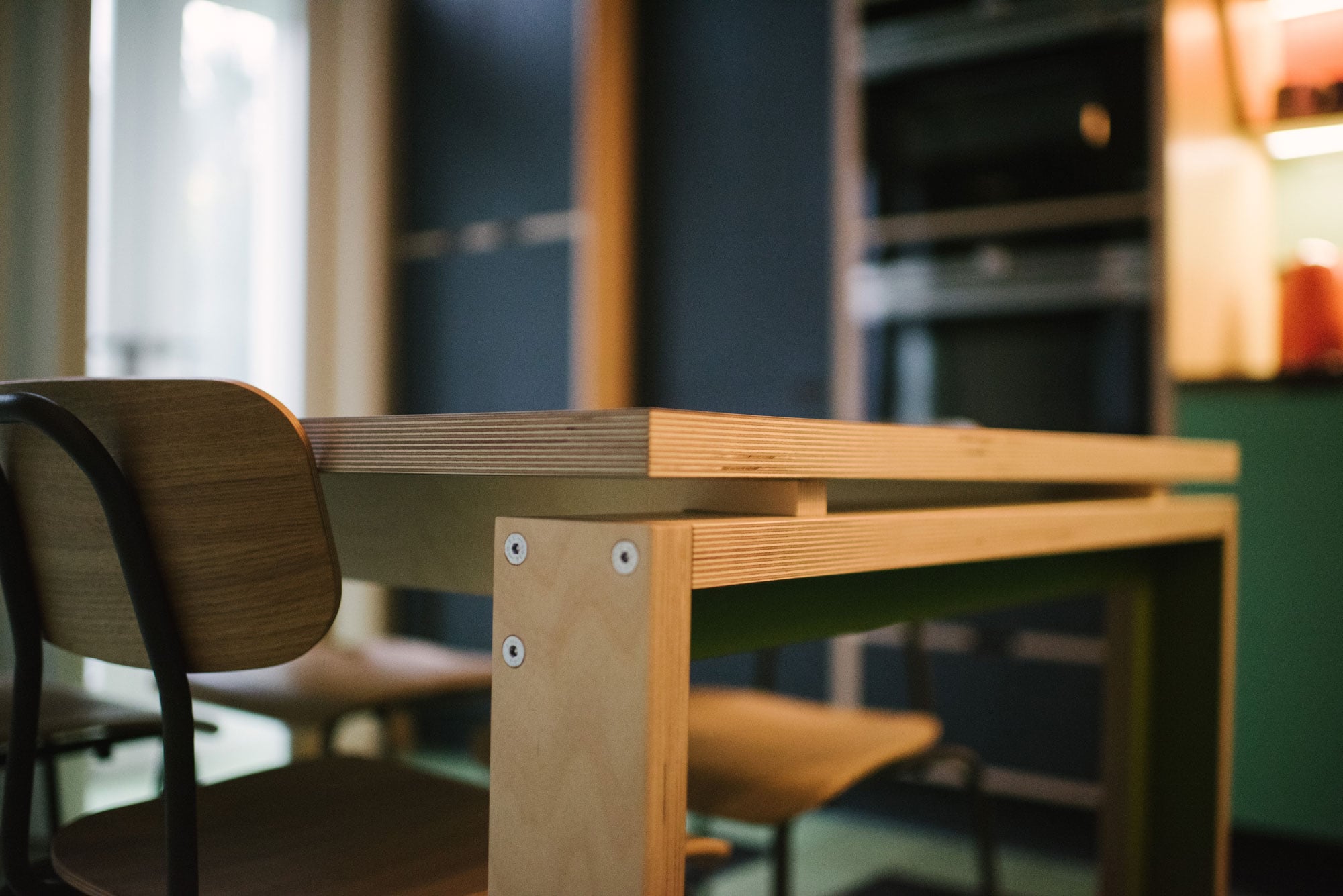 Leg Detail of Dining Table in 70's Style Plywood Kitchen