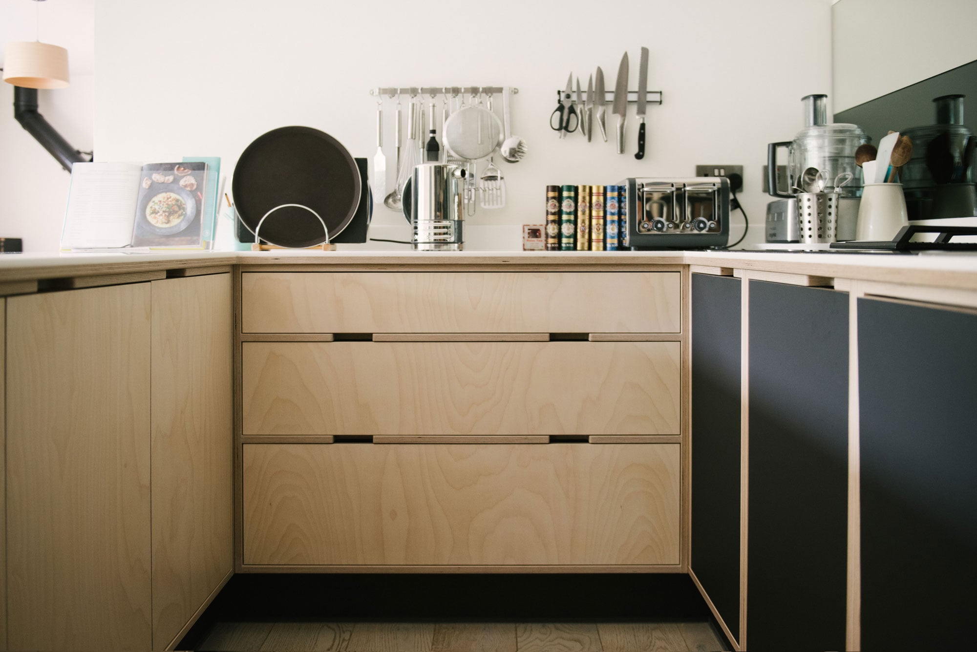 Birch Ply Drawer Unit in Black Plywood Kitchen
