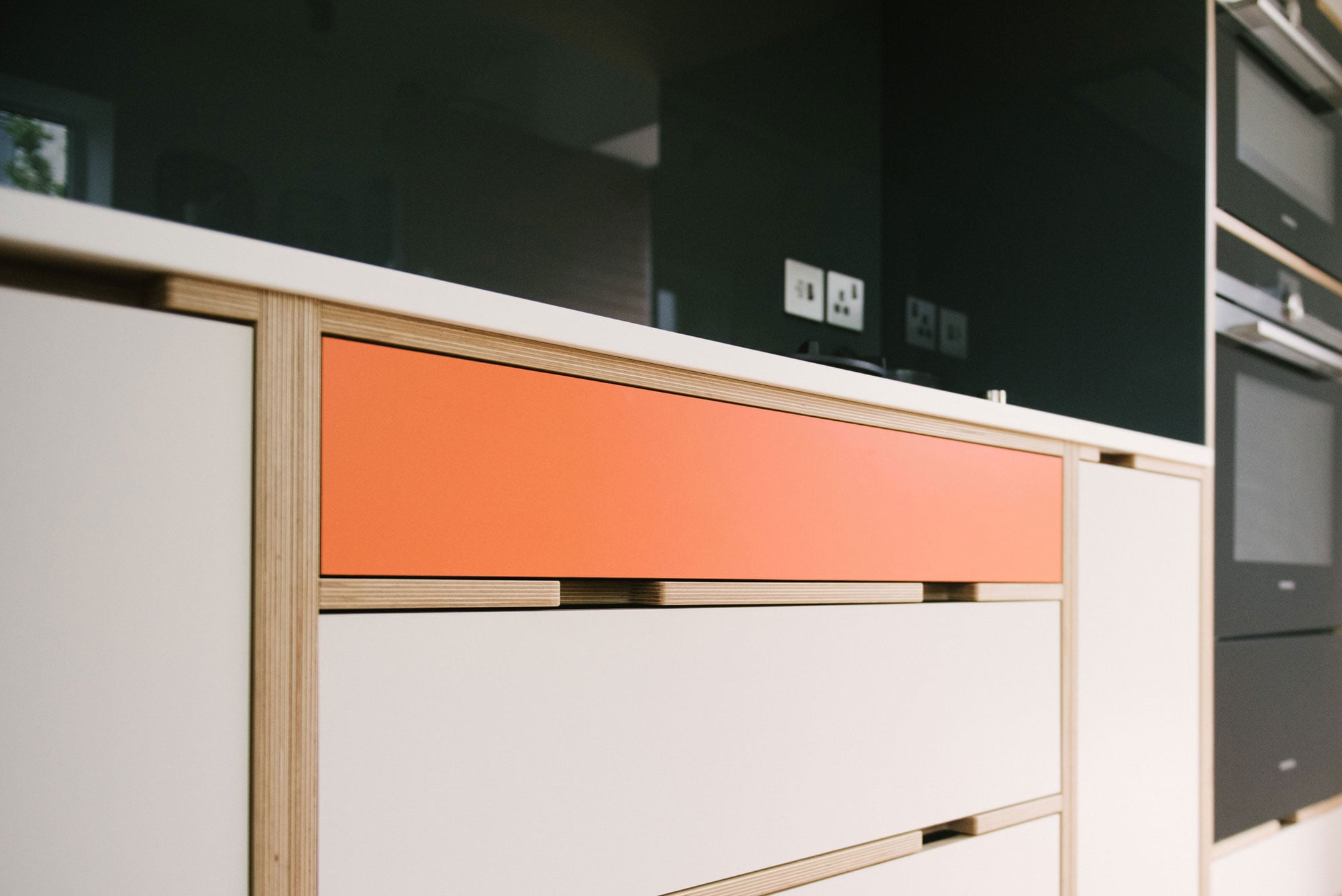 Mid Century Style Plywood Kitchen - Orange and White Drawer Unit