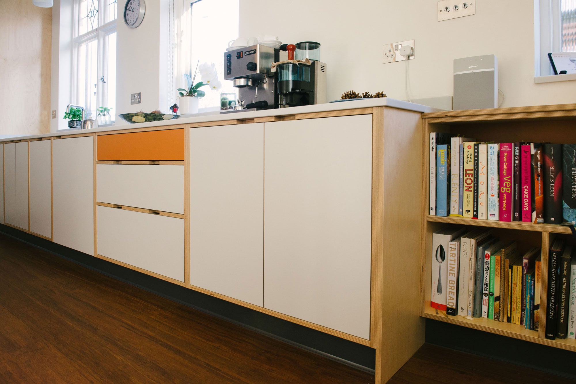 Base Units of Orange and White Laminated Plywood Kitchen