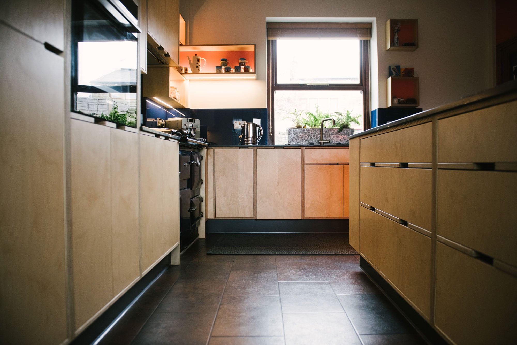 View looking up at Birch Ply Kitchen