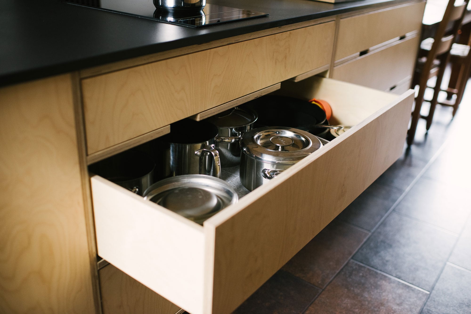 Pan Drawer of Bespoke Birch Ply Kitchen
