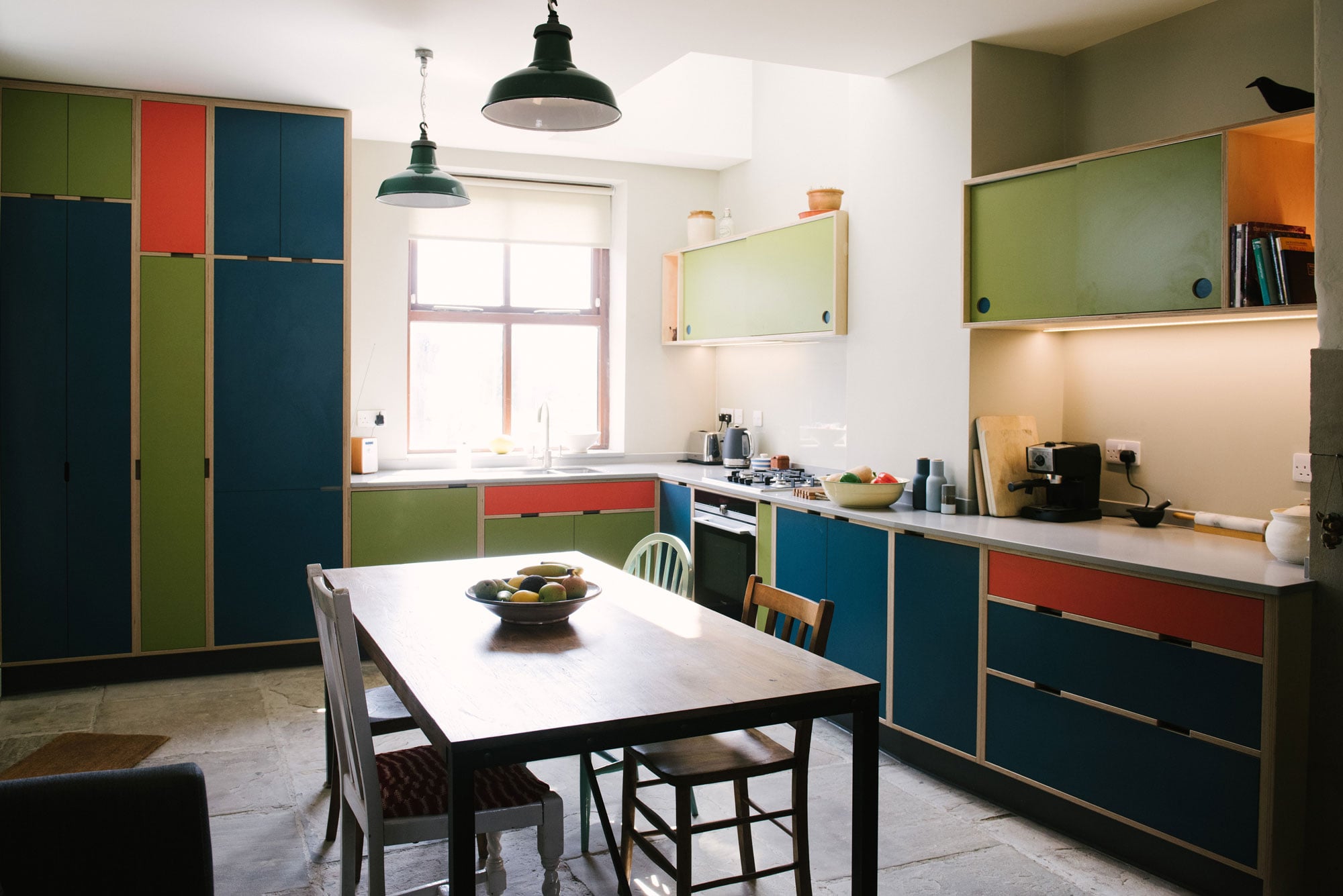 Green Orange & Blue Laminated Plywood Kitchen