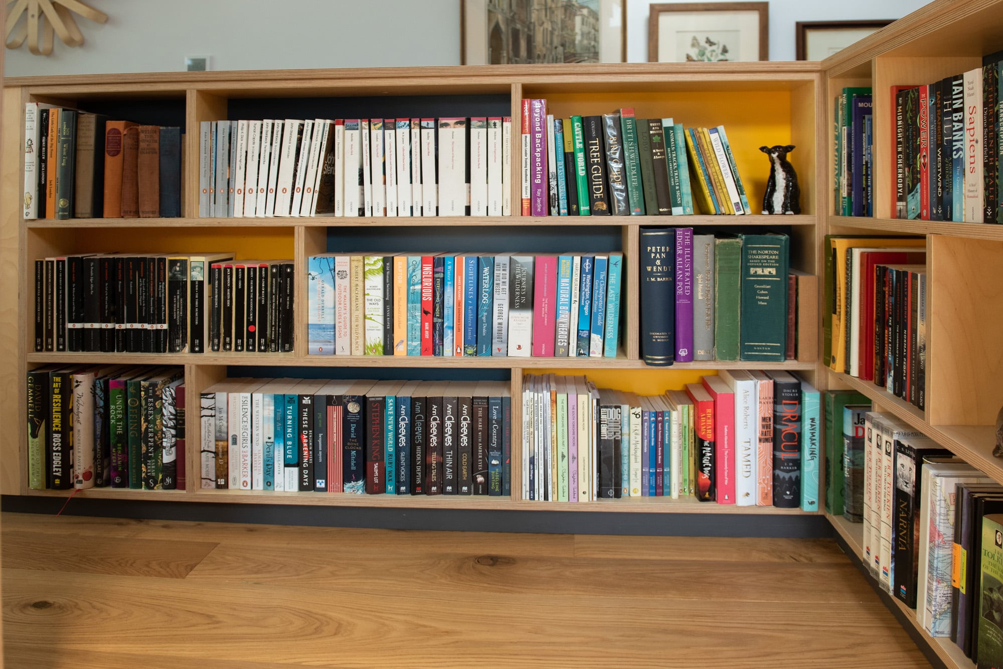 plywood bookcase laden with books