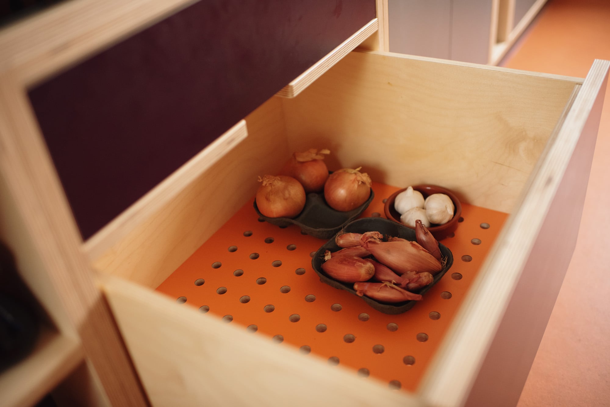 veg drawer of bespoke plywood kitchen