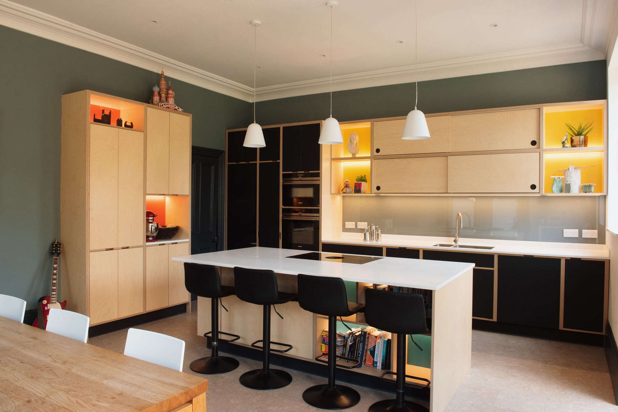 black and yellow bespoke plywood kitchen in victorian house