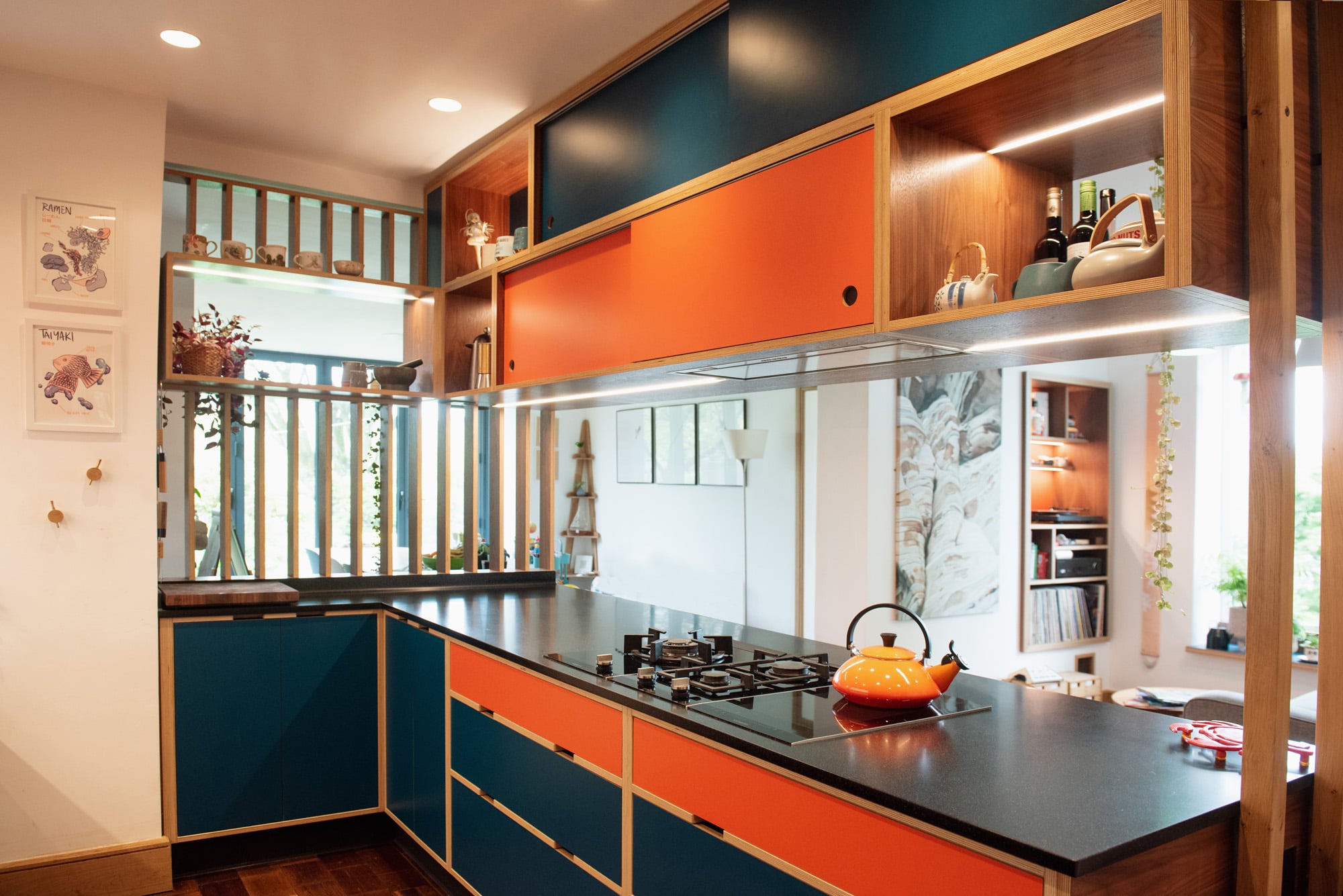 hob area of Japanese style walnut veneer plywood kitchen