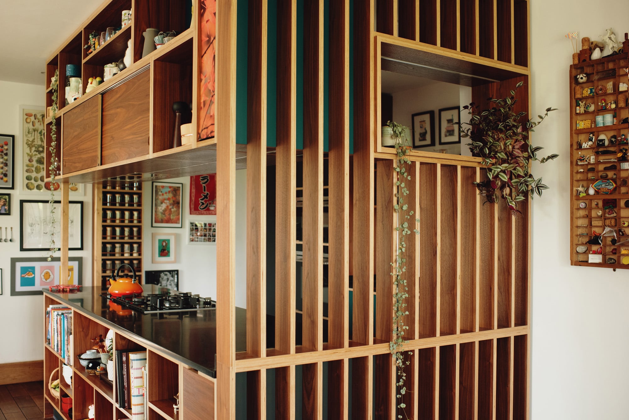 close up slat side of Japanese style walnut veneer plywood kitchen