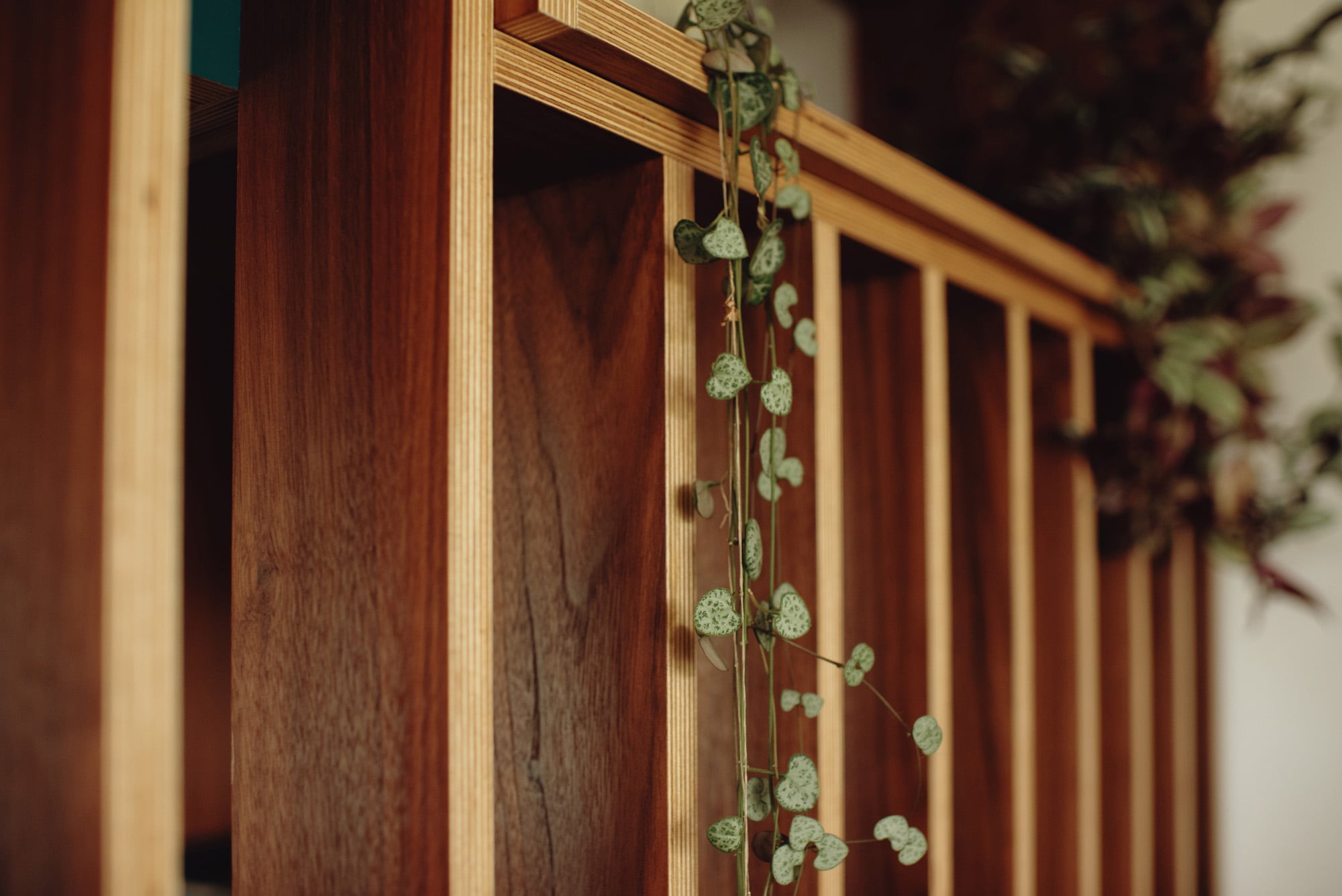 detail of slat side in Japanese style walnut veneer plywood kitchen