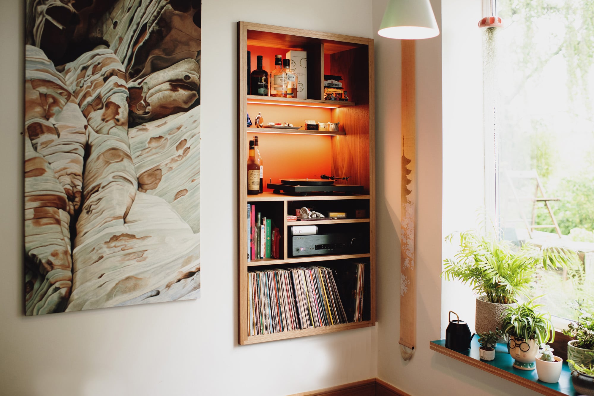 Bespoke plywood shelving for record player and records