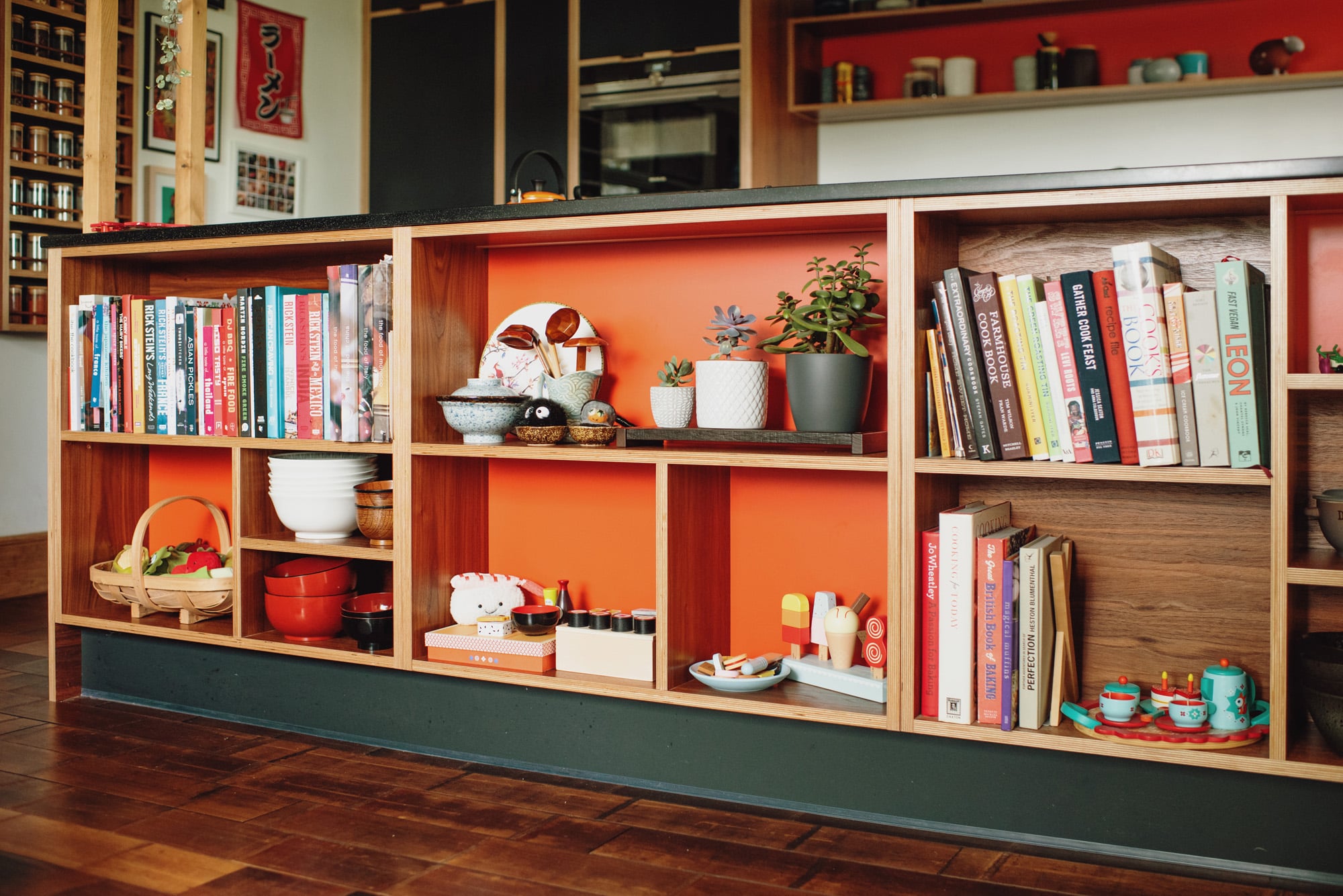 close up open shelving Japanese style walnut veneer plywood kitchen