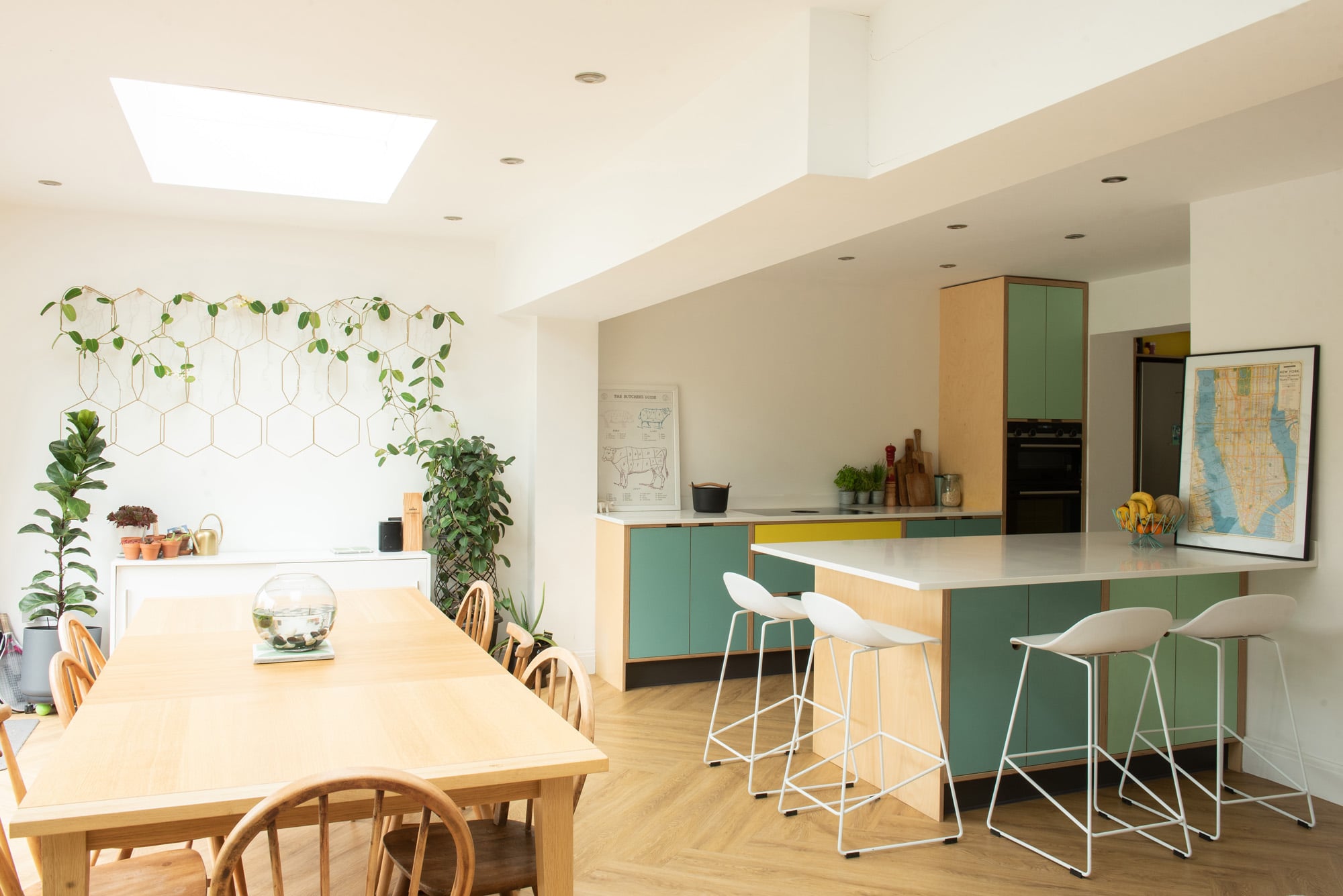 Mint green plywood kitchen 