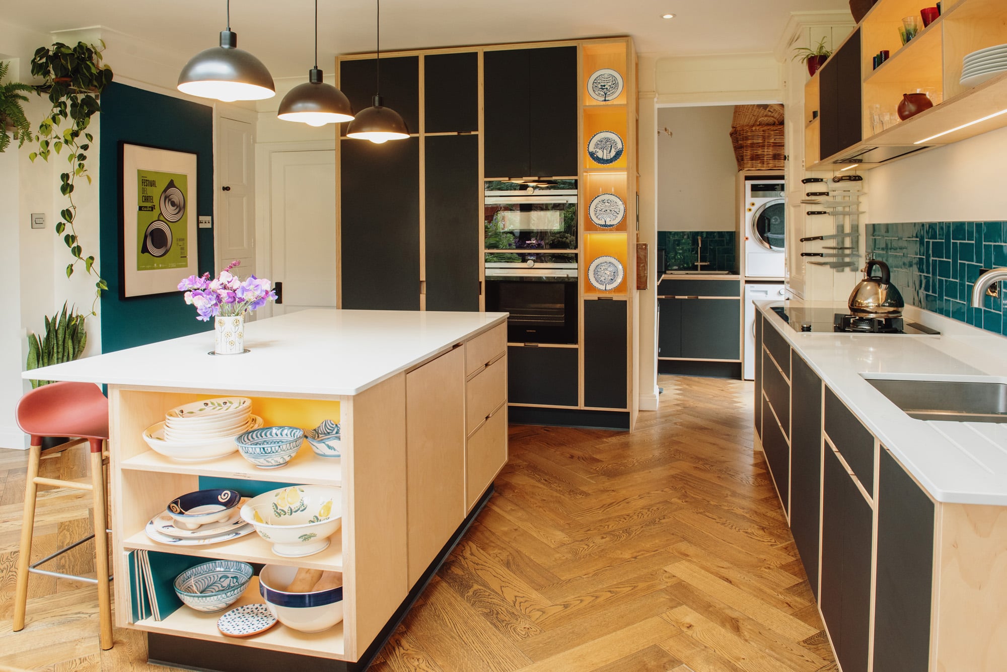 plywood kitchen with parquet flooring