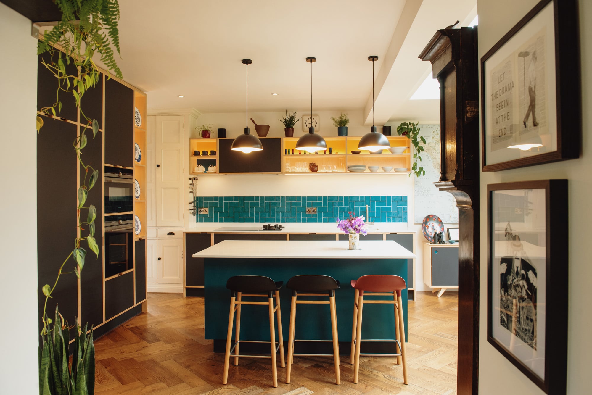 View of colourful kitchen 