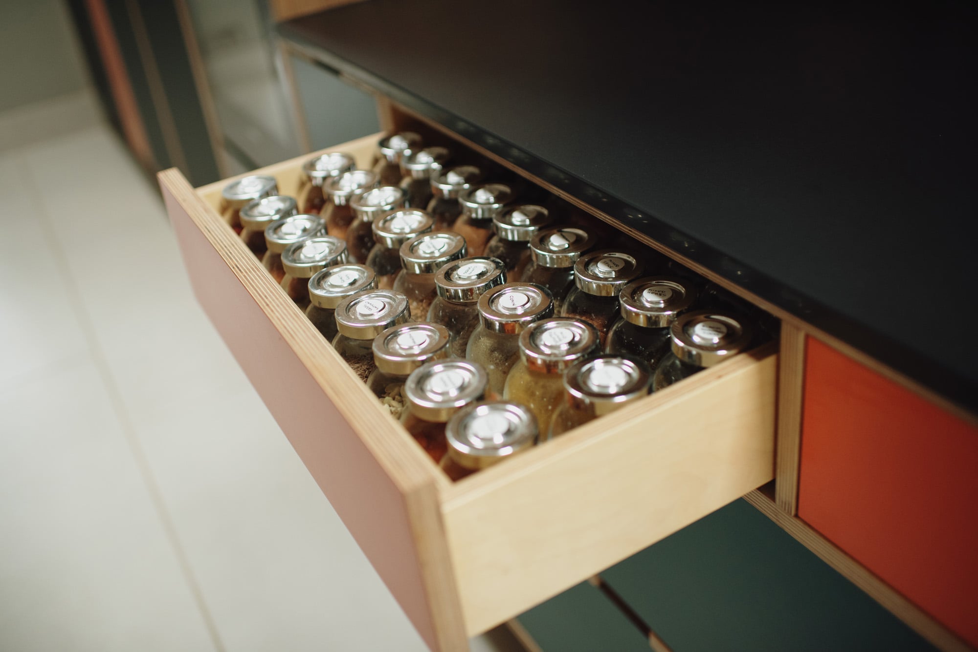 open spice drawer in kitchen base unit
