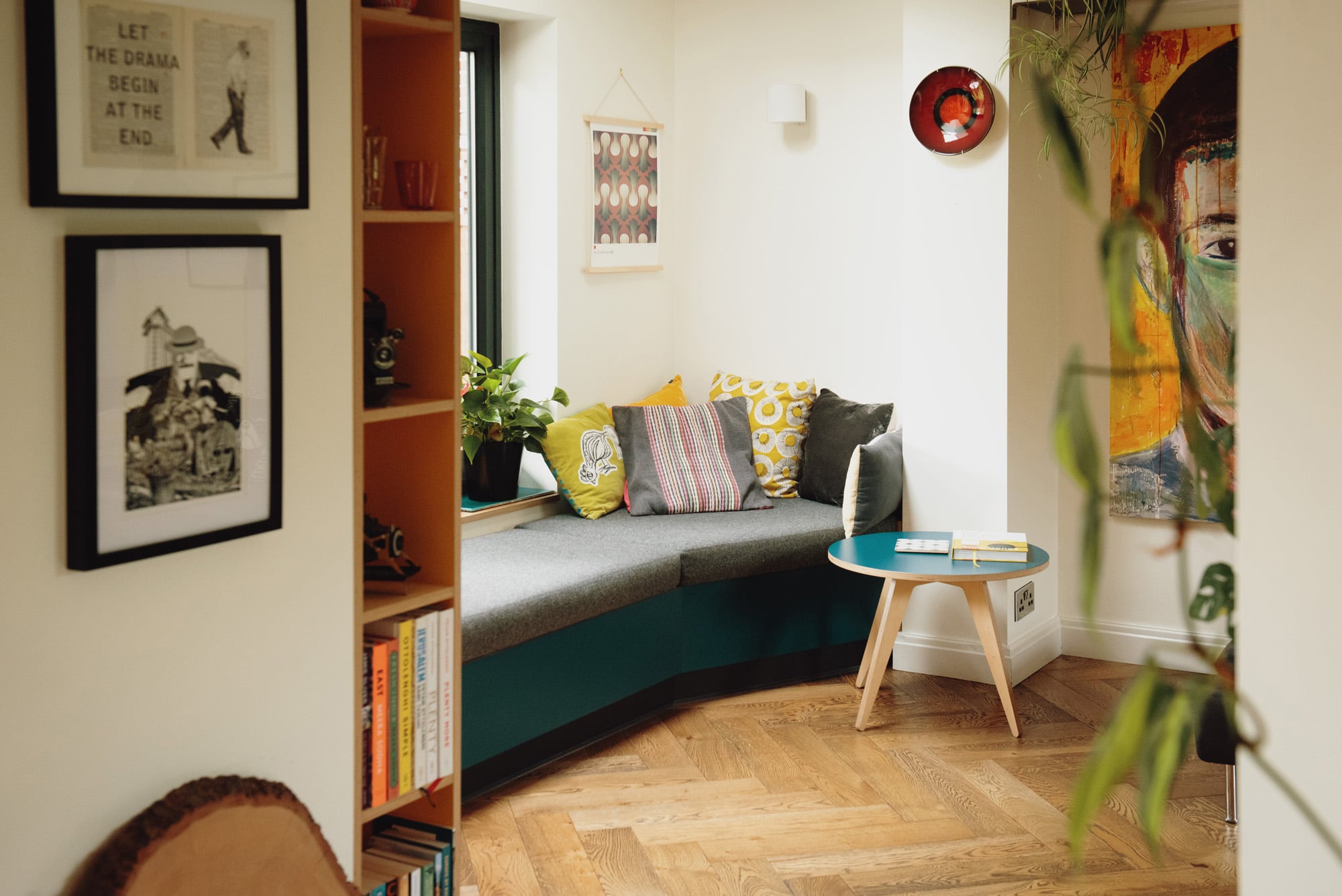 side view of upholstered window seating