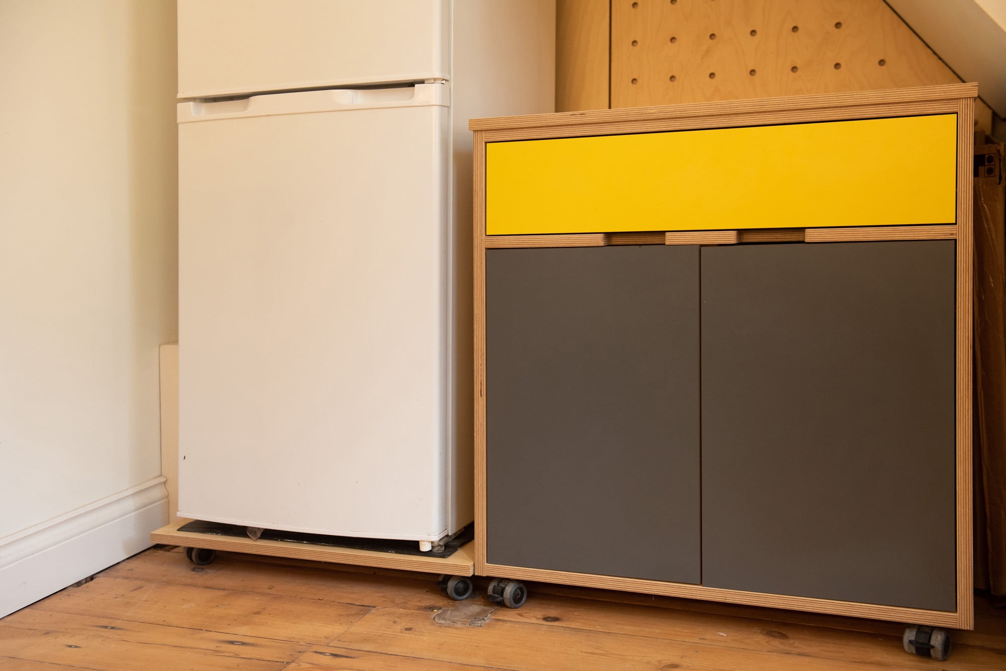 fridge and cupboard on castors for cellar access