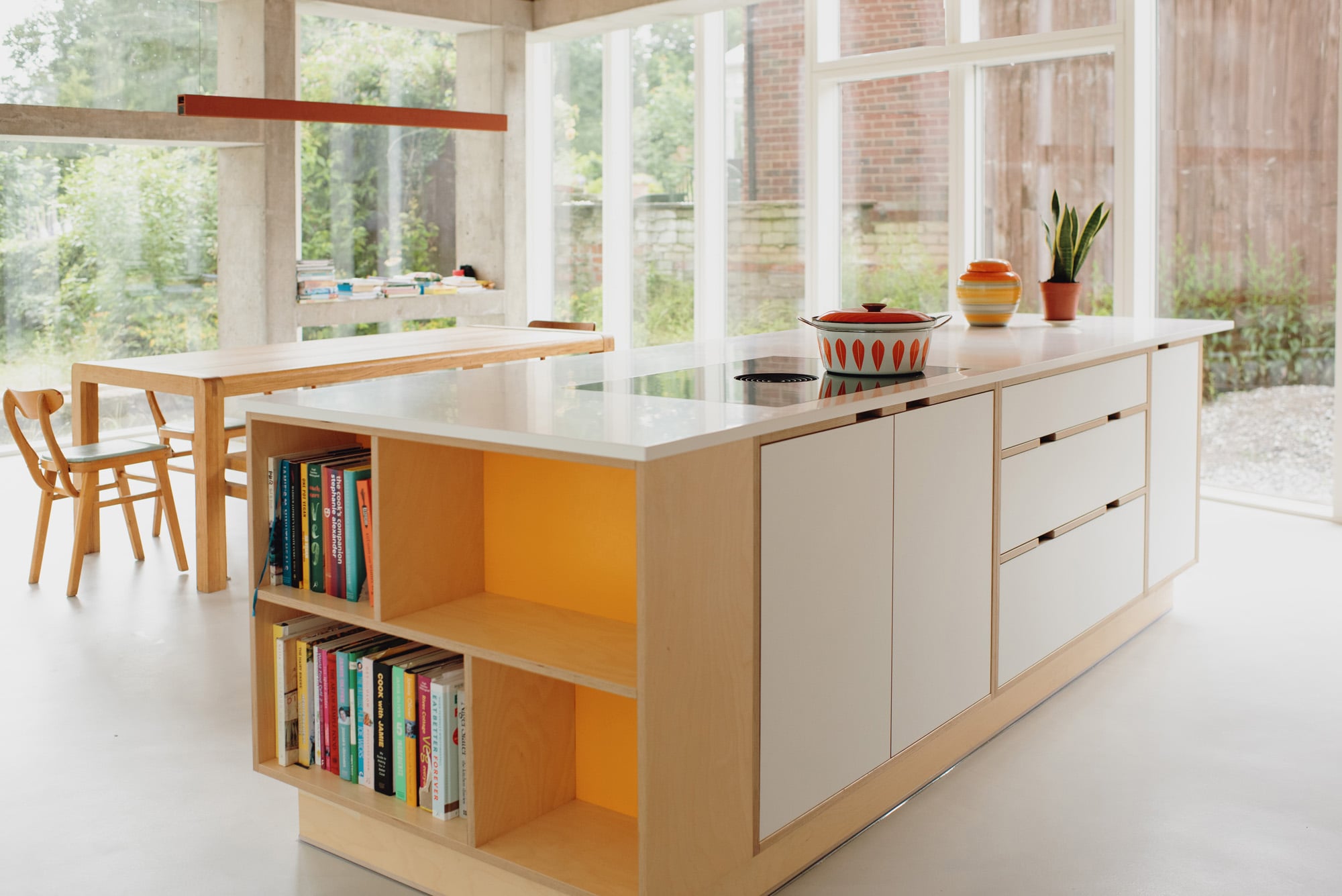 yellow and white plywood kitchen island 