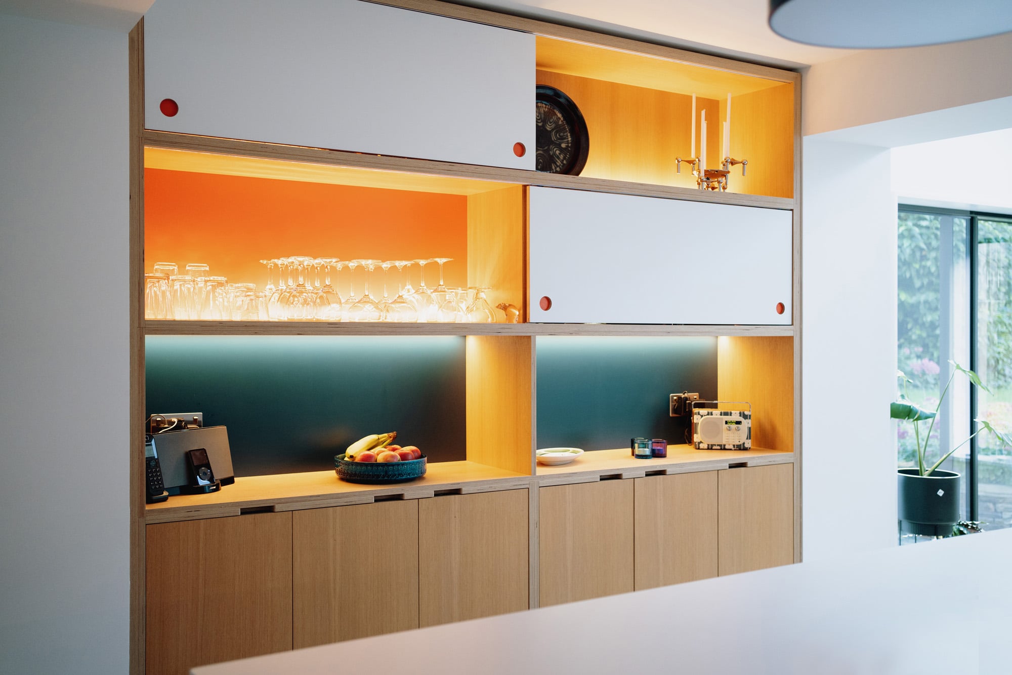 yellow blue and white illuminated wall unit 