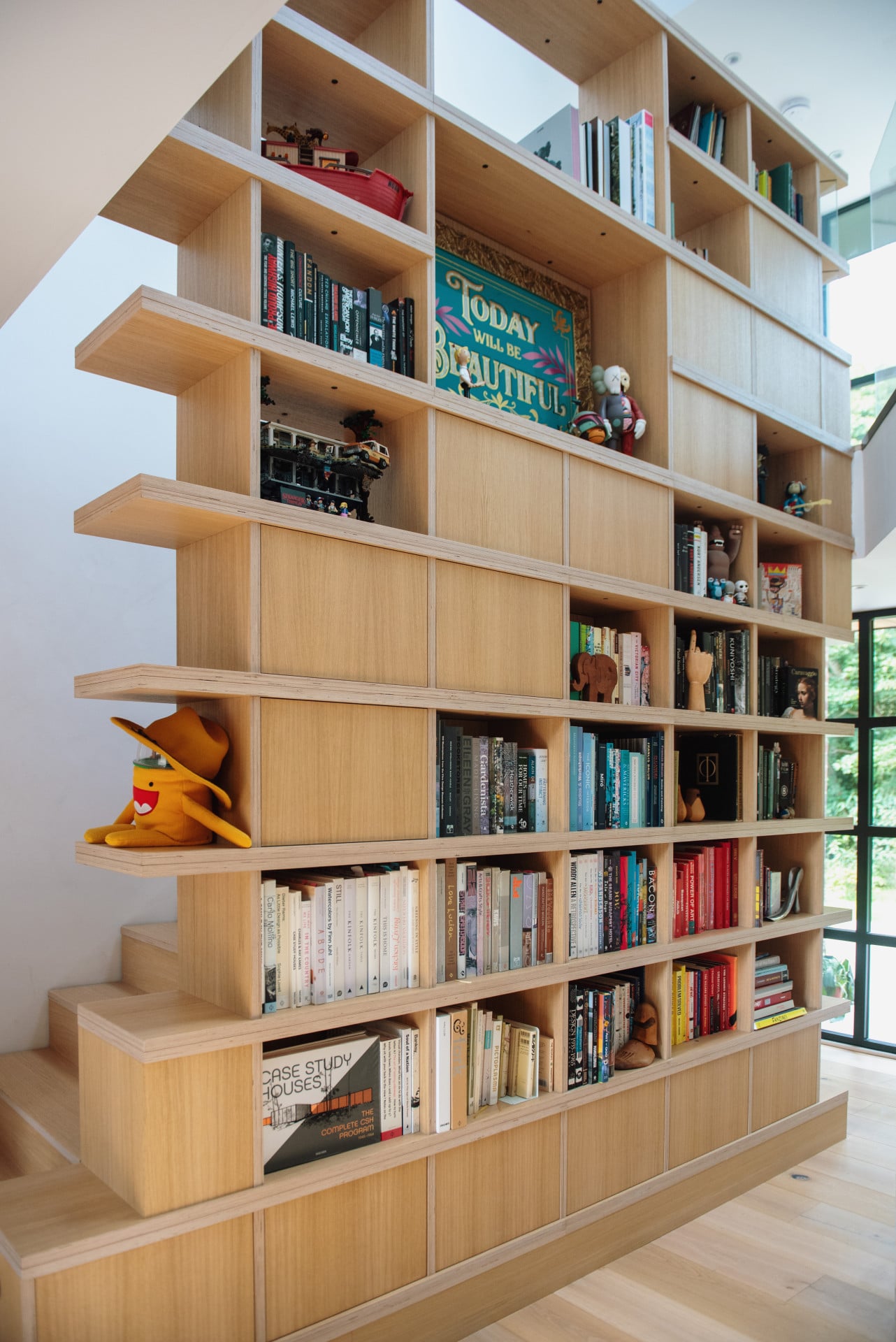 plywood staircase bookshelf