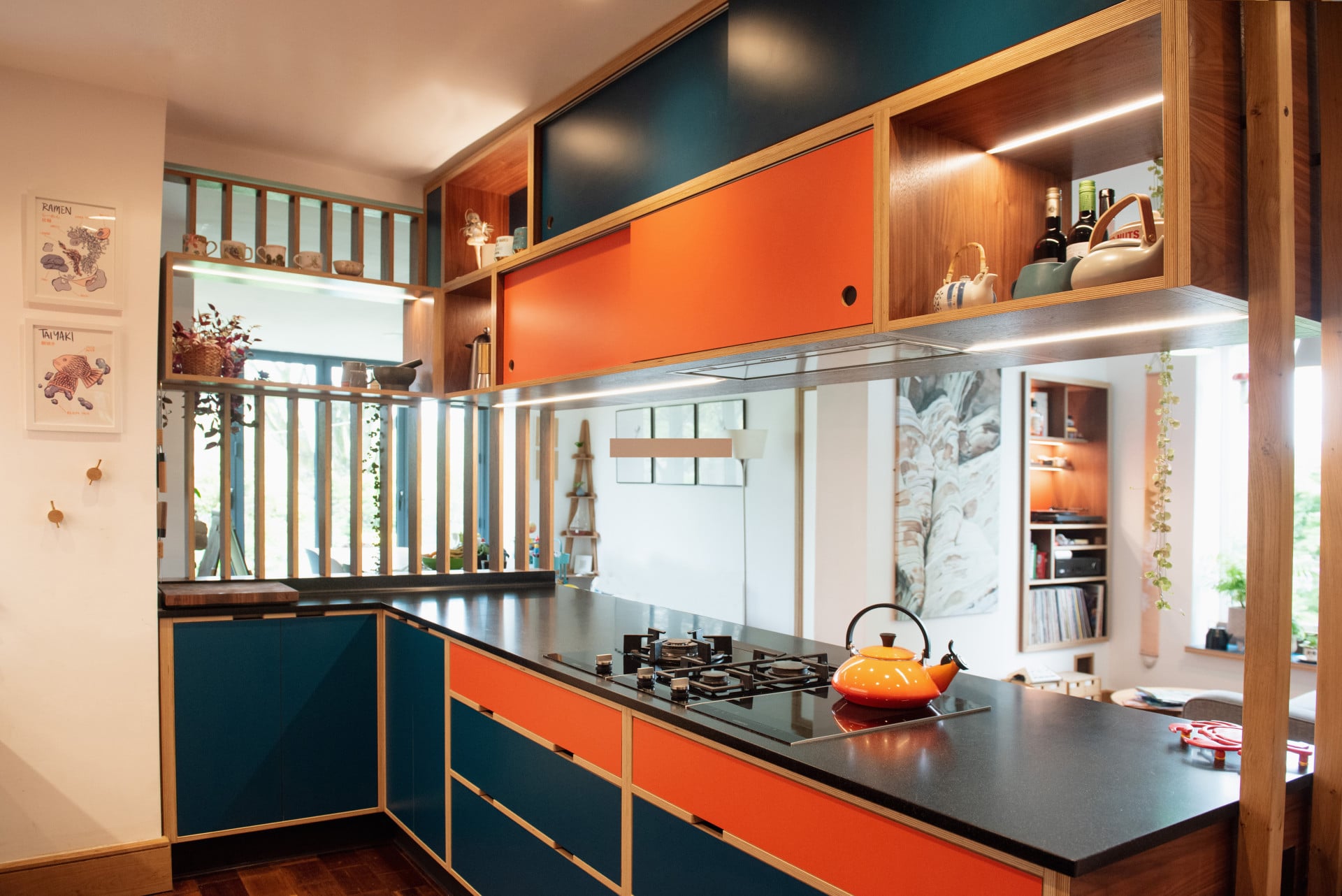 modern orange and blue kitchen