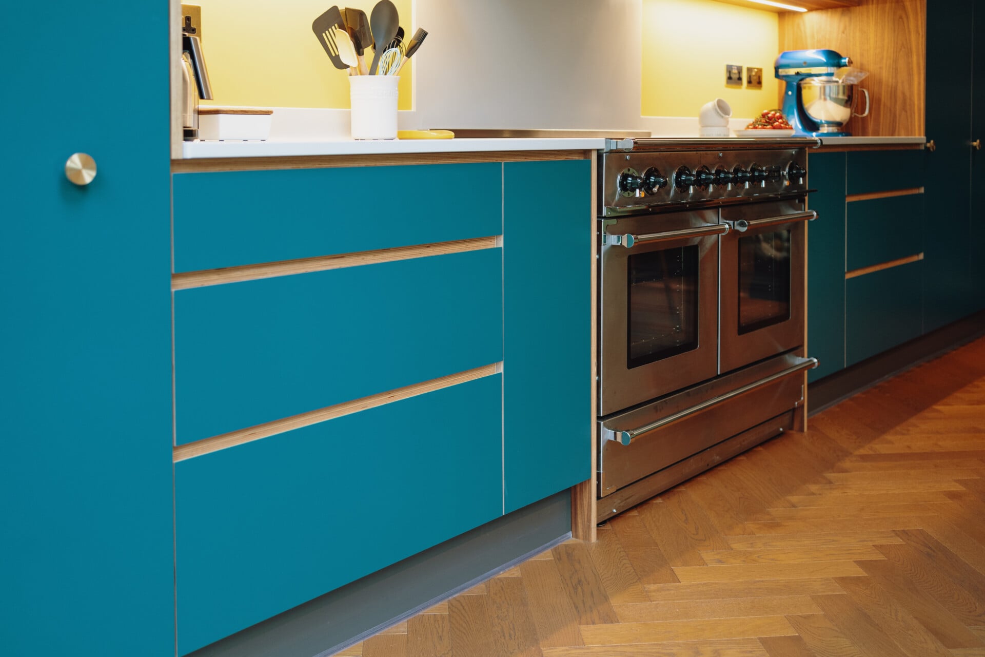 Teal drawers, brass handles