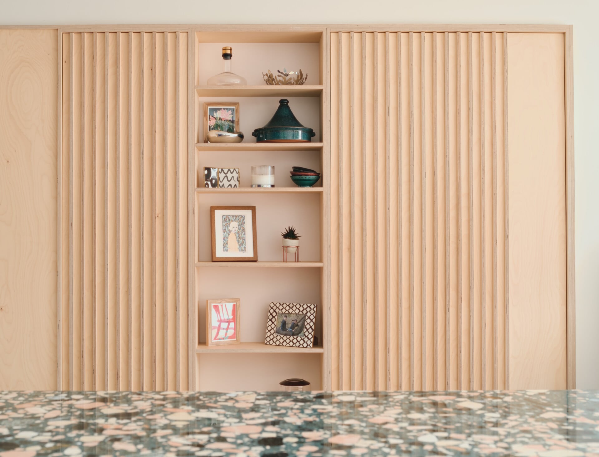 Tall dining storage with slatted fronts and open shelving